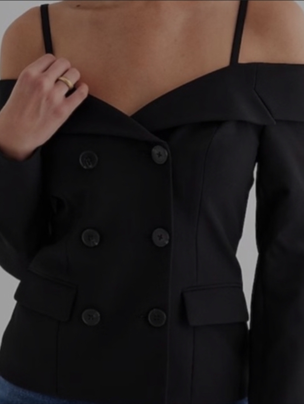 Express Off The Shoulder Double Breast Blazer Black Size 0 (XS) Edgy Professiona - Picture 9 of 11